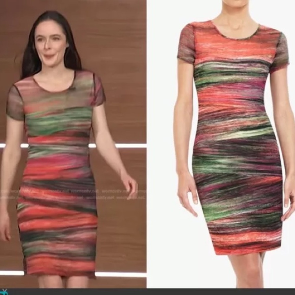 BCBG MaxAzria Donna Colorful Ruched Unique Mesh Bodycon Cap Sleeve Sheath Dress - Picture 5 of 16